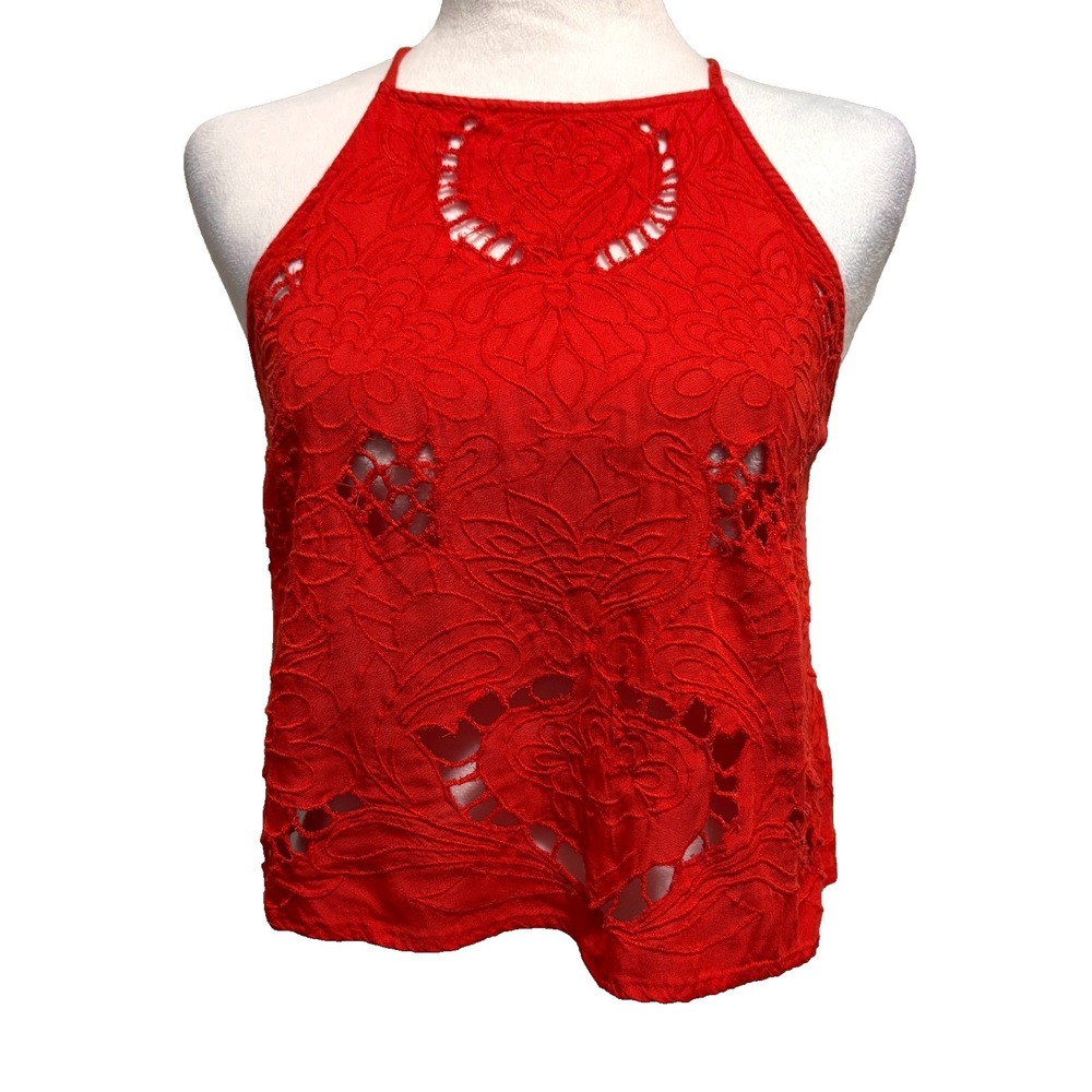 Women's Halter Cut-Out Embroidered Top Sz M Tie Back Red Clubwear Party Casual